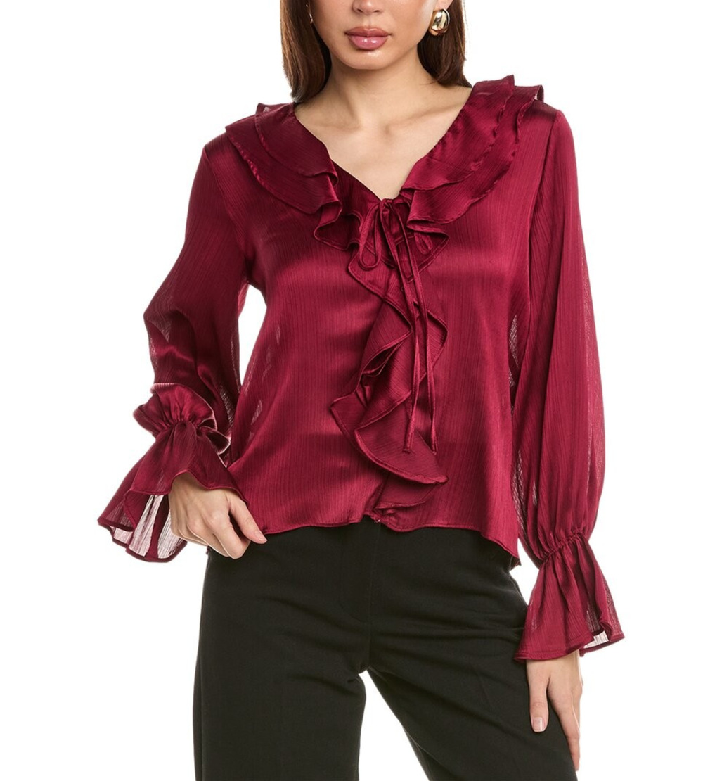 Vince Camuto Women Ruffled V-Neck Bell Sleeve Top Deep Sangria Size L